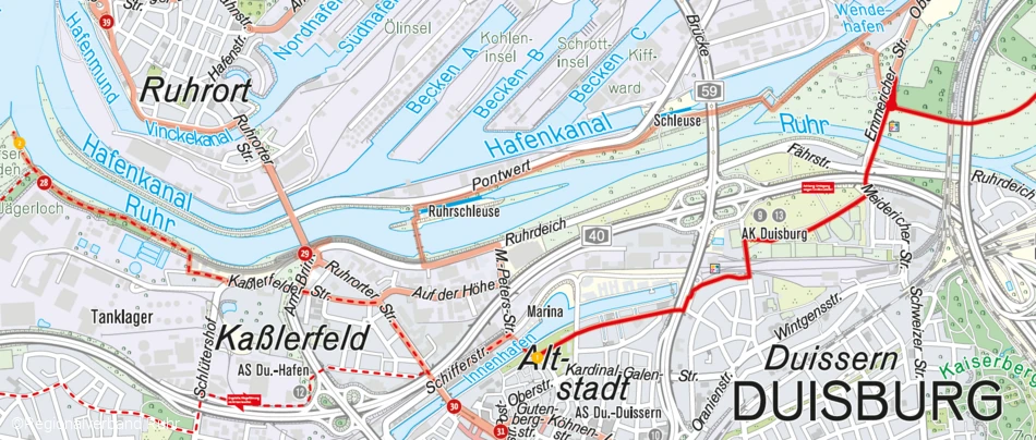 Umleitungsskizze neues Ende des RuhrtalRadwegs in Duisburg am Innenhafen mit Route zur Skulptur Rheinorange